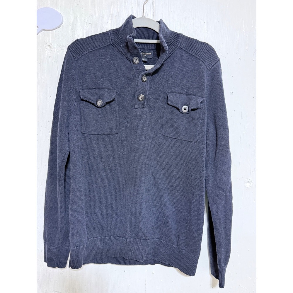 Banana Republic Mens Navy Blue 100% Cotton Mock Neck Button Sweater Large
